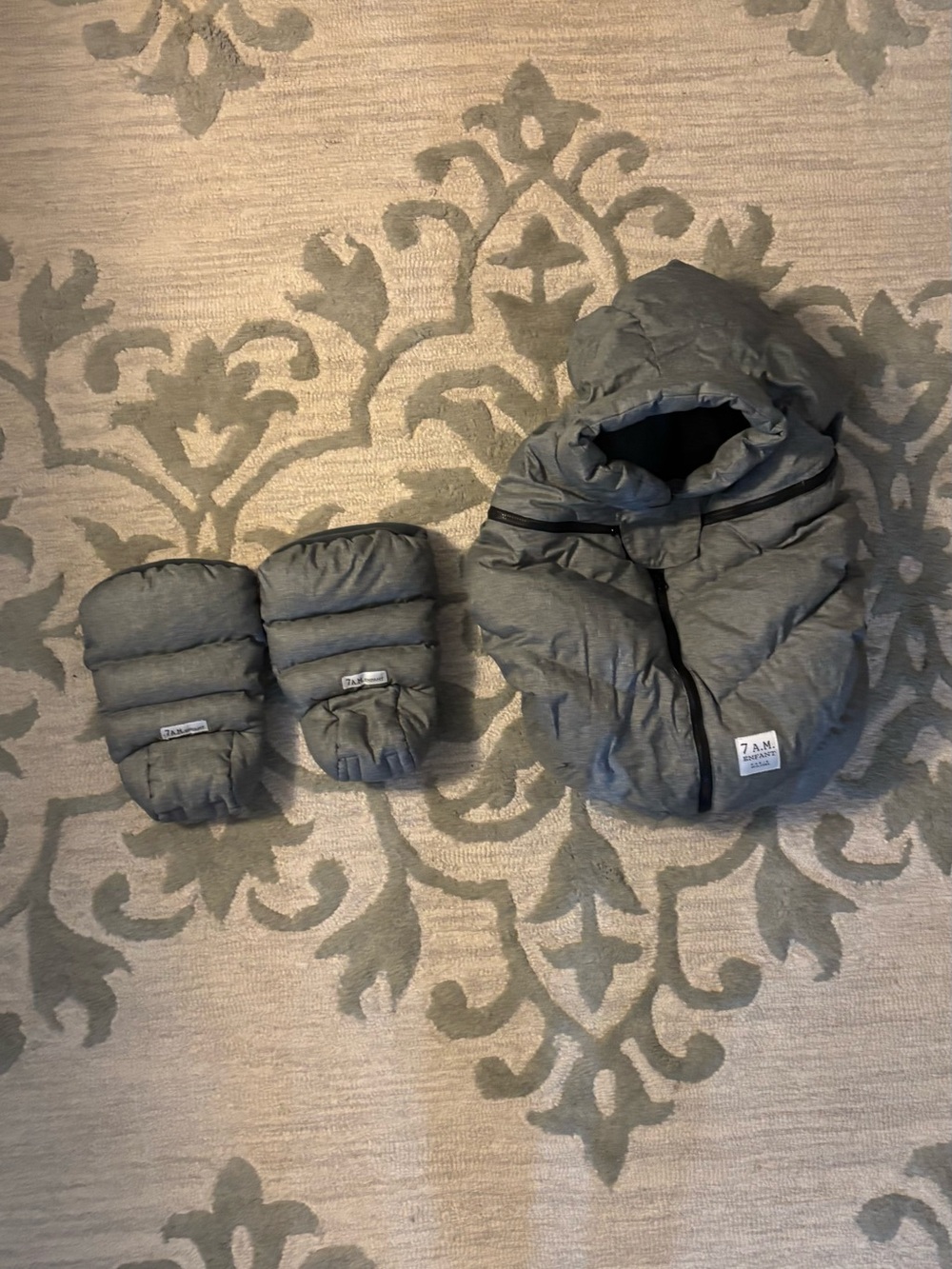 7 A.M. Enfant Gray Car Seat Cocoon and Warmmuffs— Insulated Winter Warmth